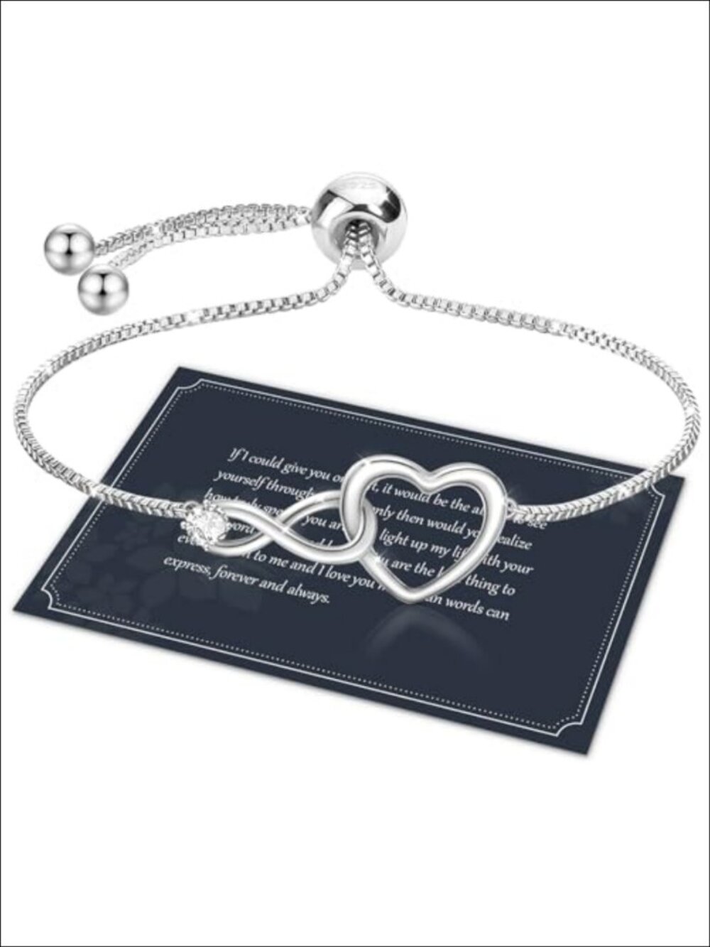 925 Silver Infinity Heart Bracelet Adjustable 5A Cubic Zirconia Women